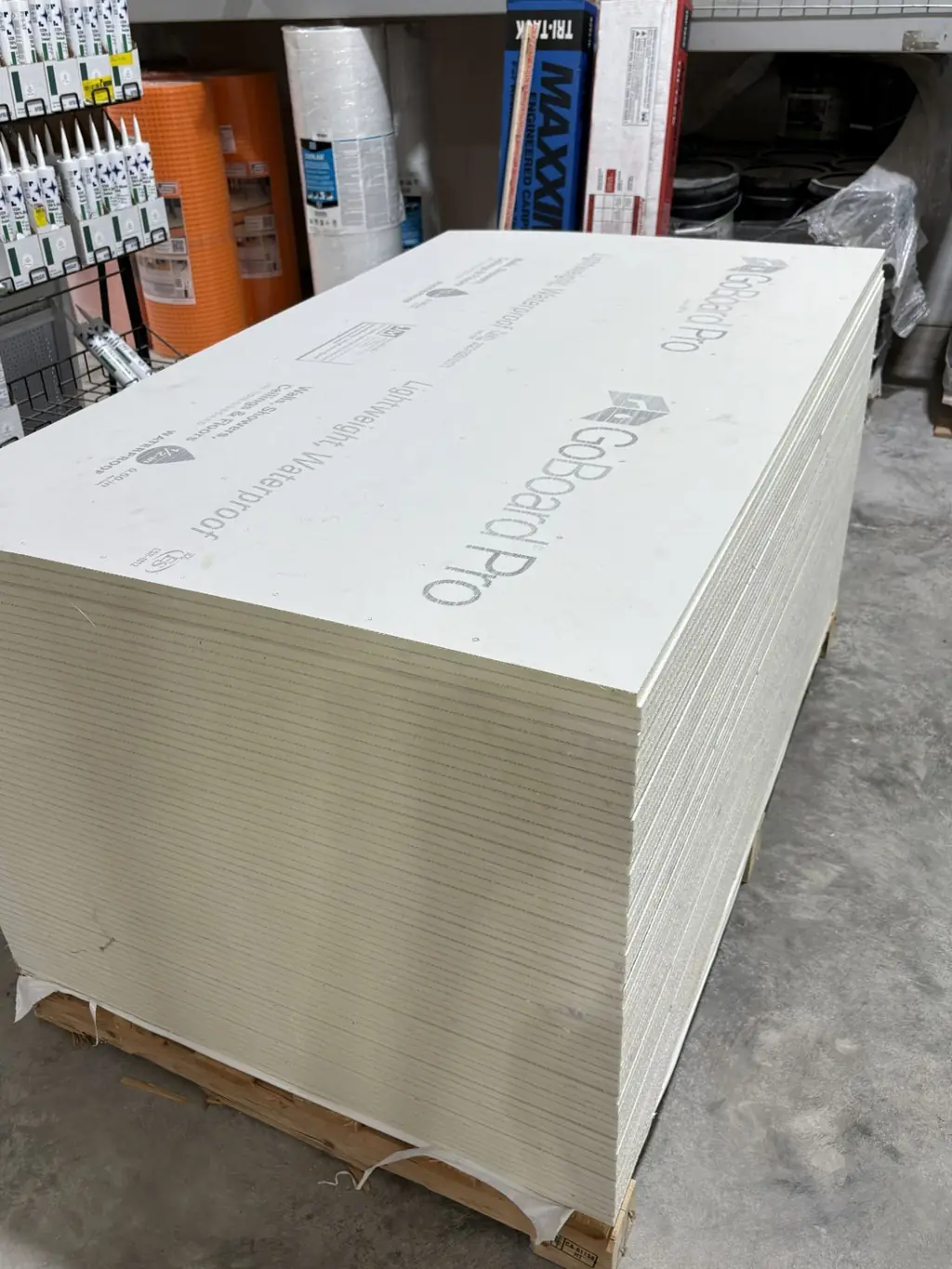 Pallet of Johns Manville GoBoard Pro lightweight waterproof tile backer board at Sundry Pro Shop